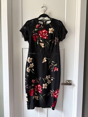 Black Floral Midi Dress with Red and Cream Accents WORN ONCE